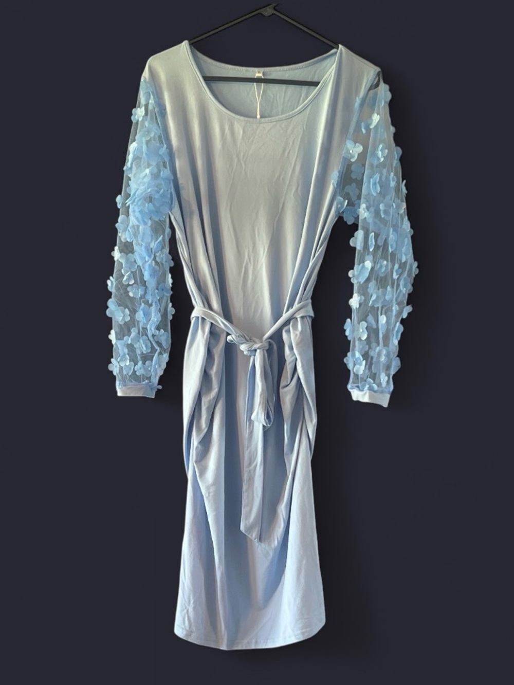 Maternity Light Blue Midi Dress with Sheer Floral Sleeves